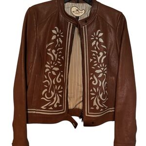 Etro Brown Leather Jacket with Intricate Floral Design